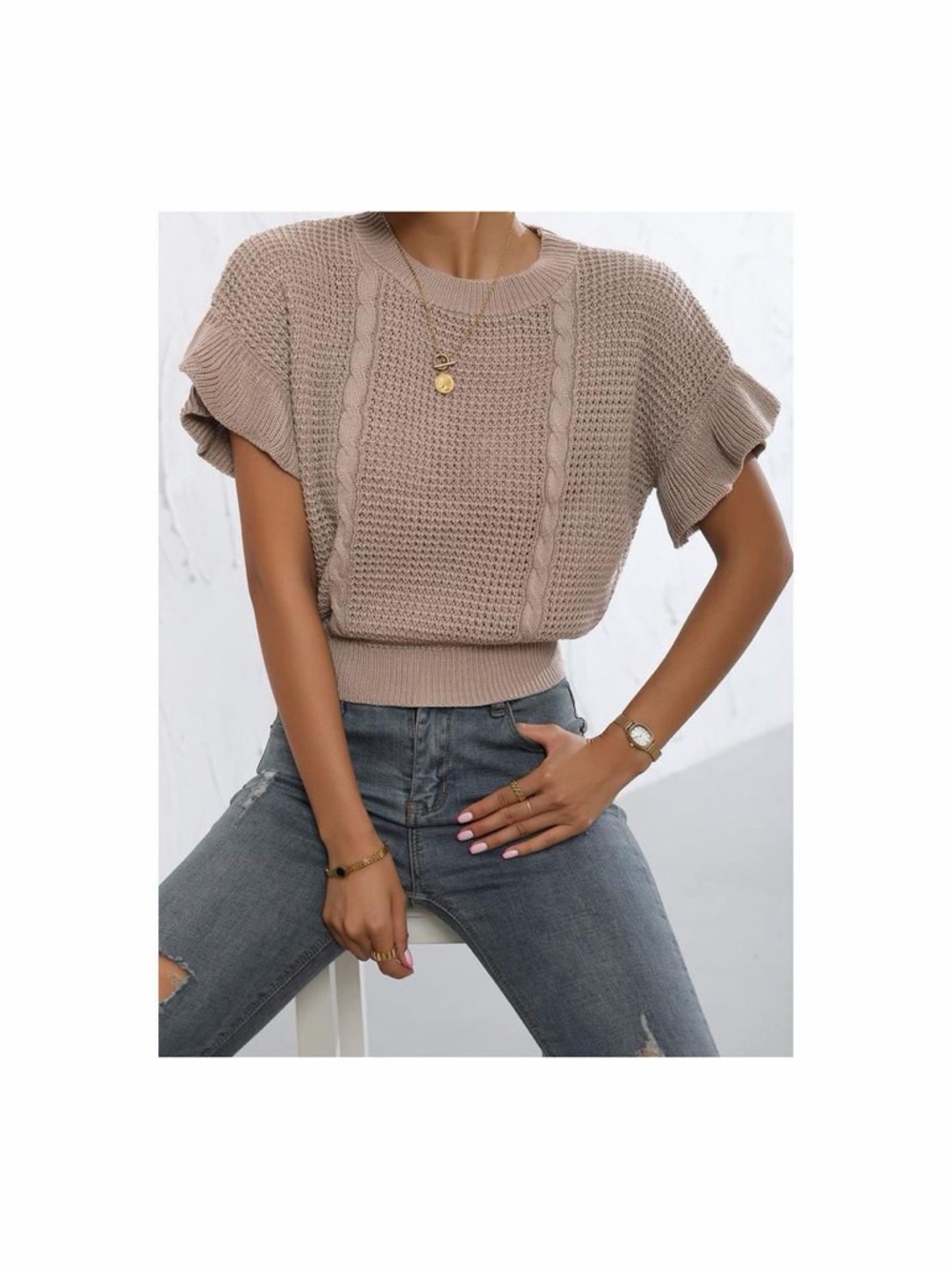 Ribbed Cable Knit Short-Sleeve Sweater Top - Taupe